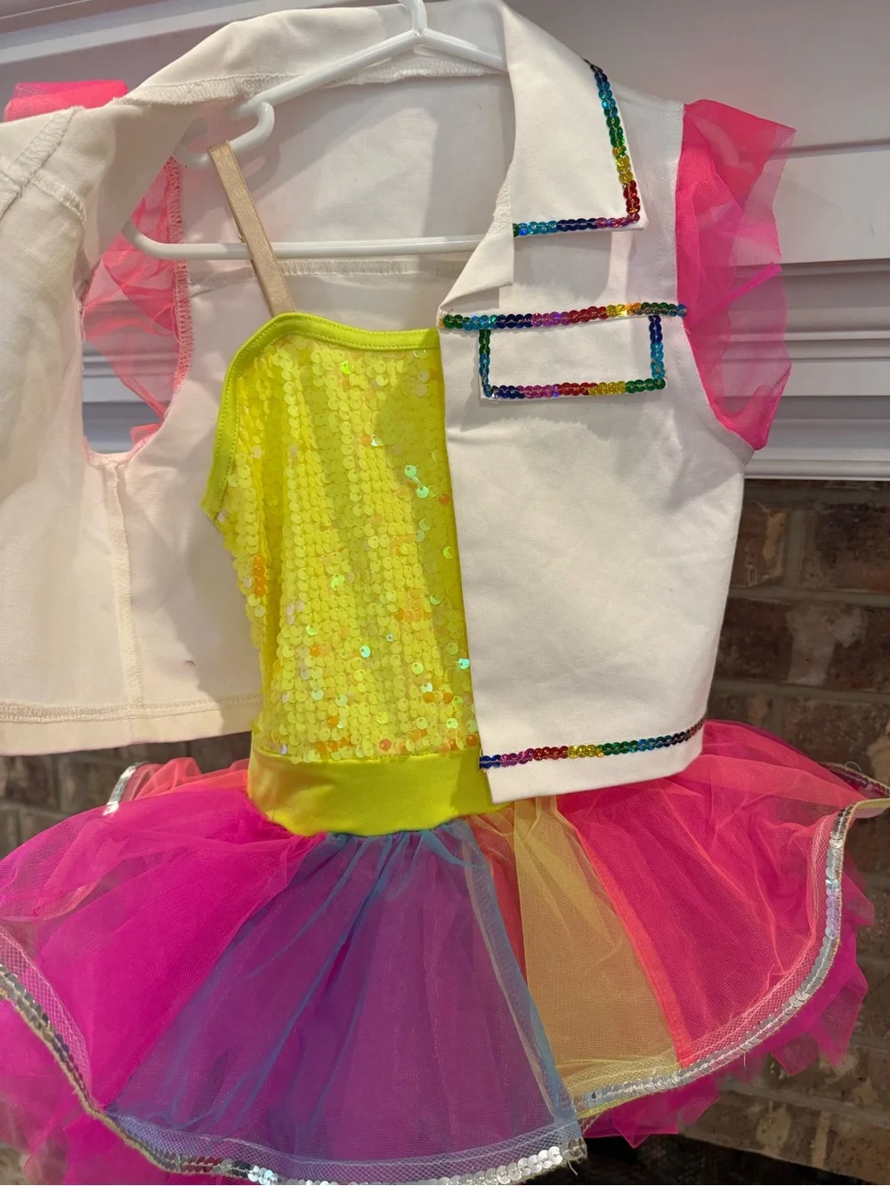 Weissman sz IC Hot Pink Rainbow Tulle Dance Costume with Removable White Jacket